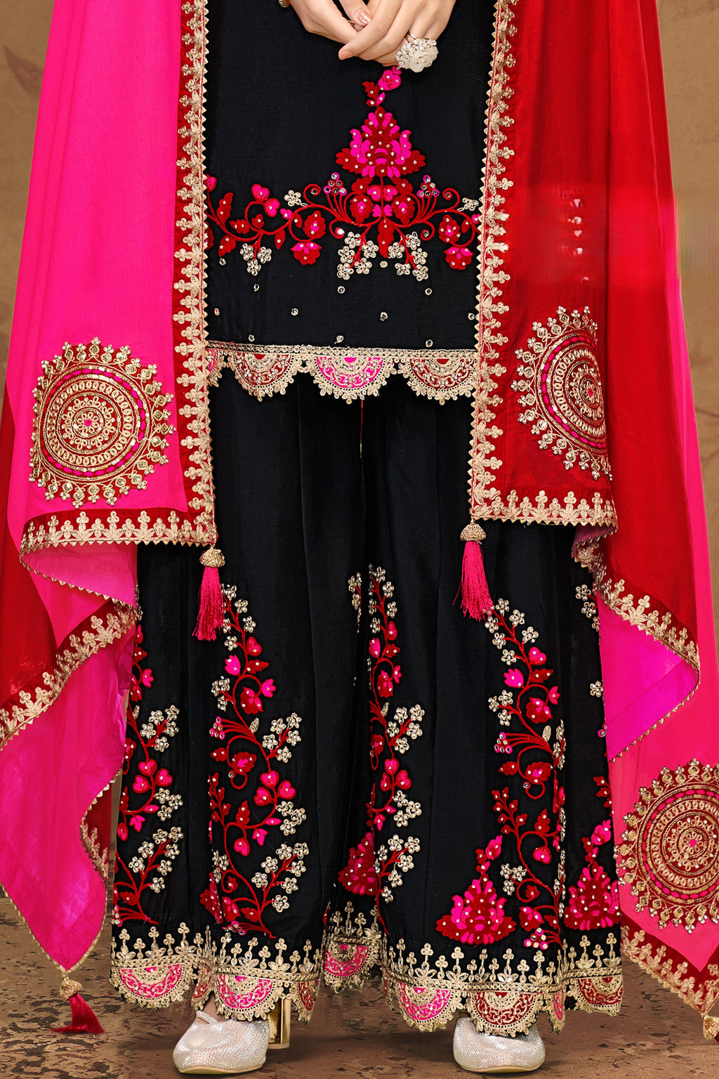 Black Chinon Silk Palazzo Suit For Indian Wedding & Pakistani Festival - Thread Embroidery Work, Sequence Embroidery Work, Real Mirror Work, Print Work