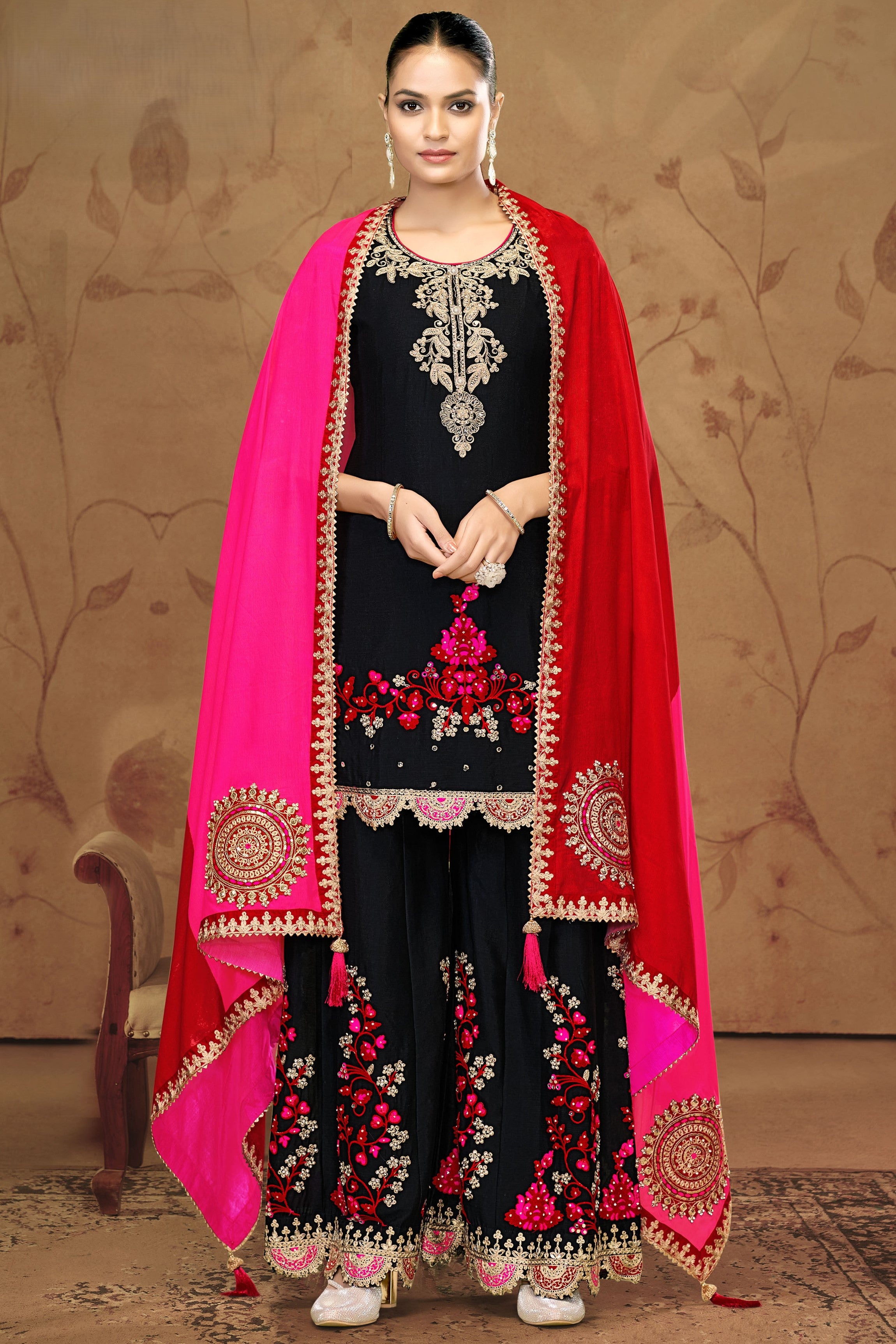 Black Chinon Silk Palazzo Suit For Indian Wedding & Pakistani Festival - Thread Embroidery Work, Sequence Embroidery Work, Real Mirror Work, Print Work