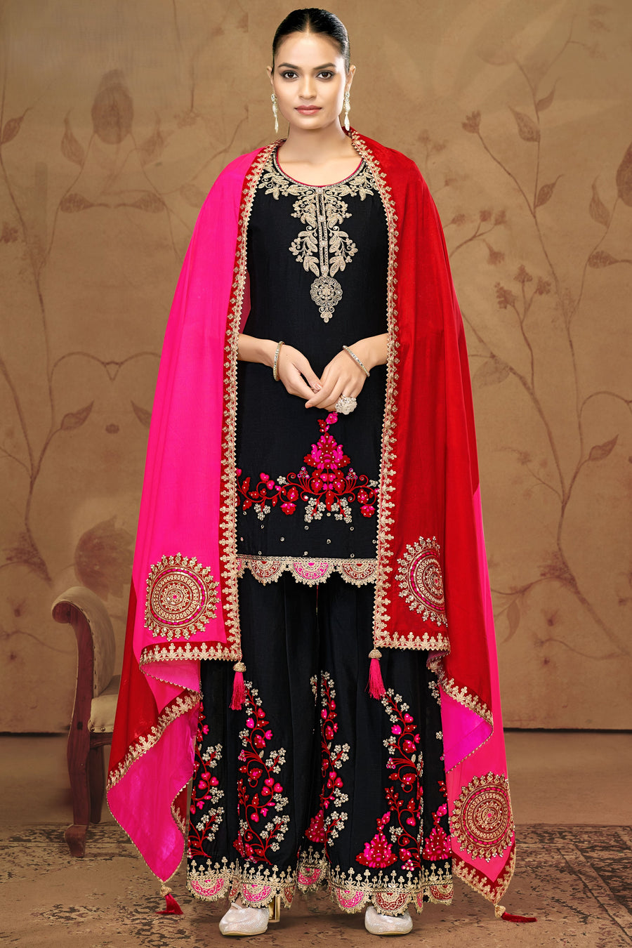 Black Chinon Silk Palazzo Suit For Indian Wedding & Pakistani Festival - Thread Embroidery Work, Sequence Embroidery Work, Real Mirror Work, Print Work