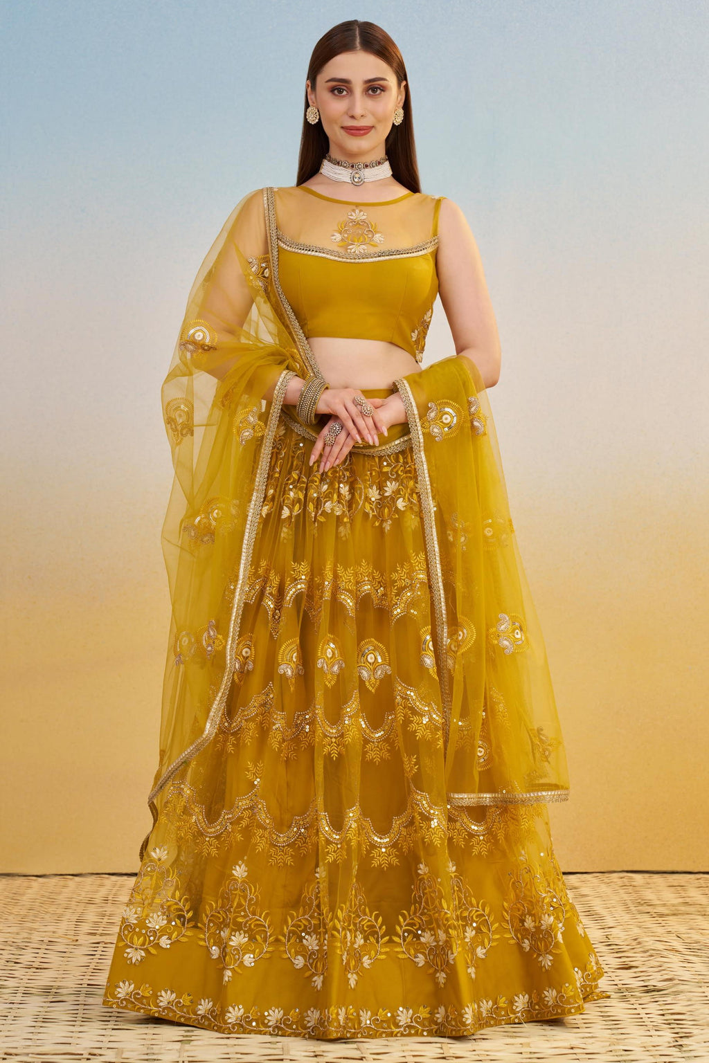 Mustard Yellow Net Lehenga Choli For Indian & Pakistani Wedding Festival - Thread & Sequins Embroidery Work
