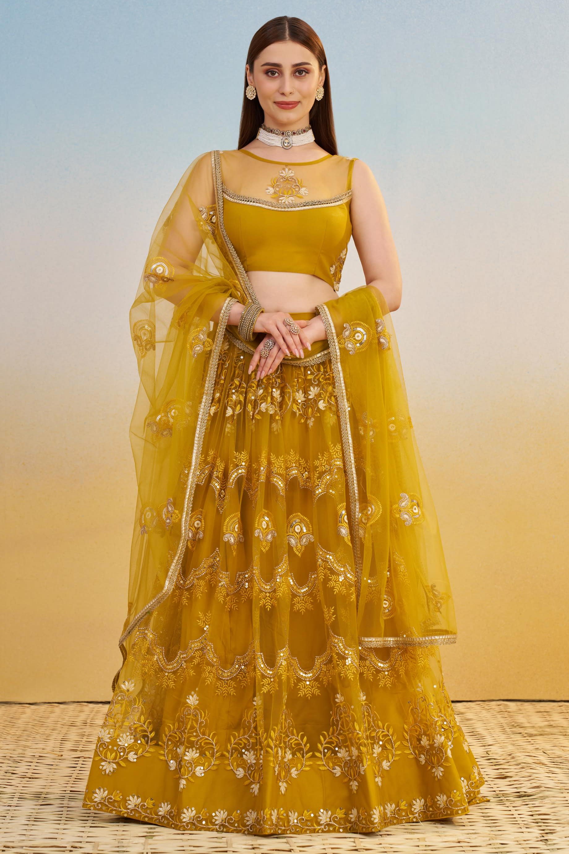 Mustard Yellow Net Lehenga Choli For Indian & Pakistani Wedding Festival - Thread & Sequins Embroidery Work