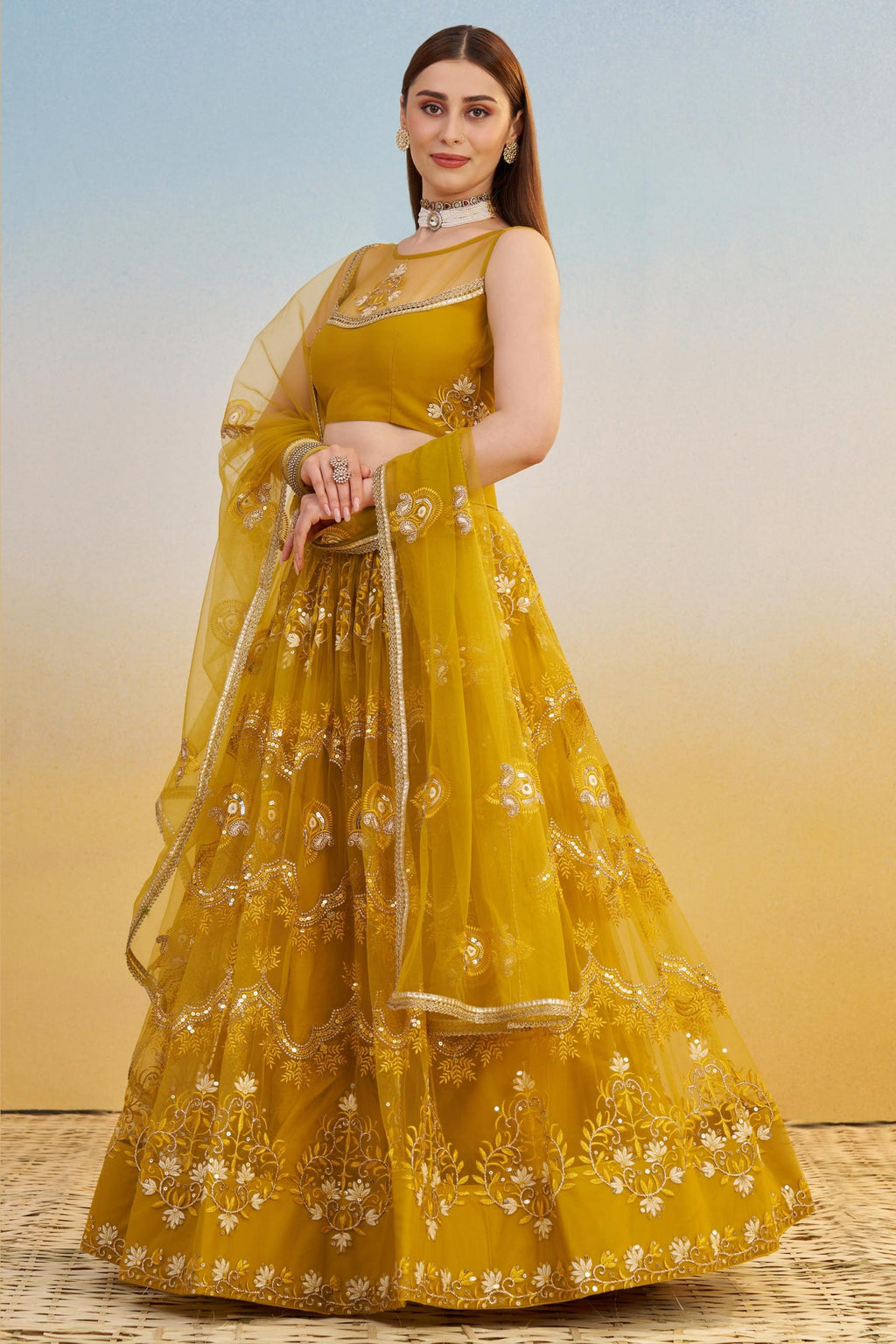 Mustard Yellow Net Lehenga Choli For Indian & Pakistani Wedding Festival - Thread & Sequins Embroidery Work