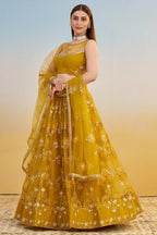 Mustard Yellow Net Lehenga Choli For Indian & Pakistani Wedding Festival - Thread & Sequins Embroidery Work