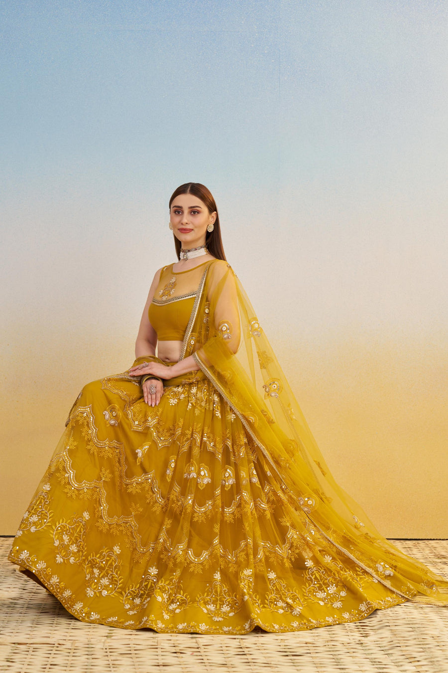Mustard Yellow Net Lehenga Choli For Indian & Pakistani Wedding Festival - Thread & Sequins Embroidery Work