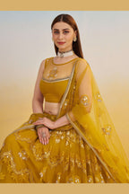 Mustard Yellow Net Lehenga Choli For Indian & Pakistani Wedding Festival - Thread & Sequins Embroidery Work