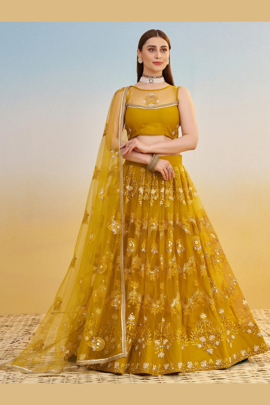 Mustard Yellow Net Lehenga Choli For Indian & Pakistani Wedding Festival - Thread & Sequins Embroidery Work