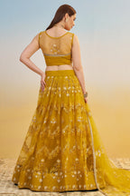 Mustard Yellow Net Lehenga Choli For Indian & Pakistani Wedding Festival - Thread & Sequins Embroidery Work