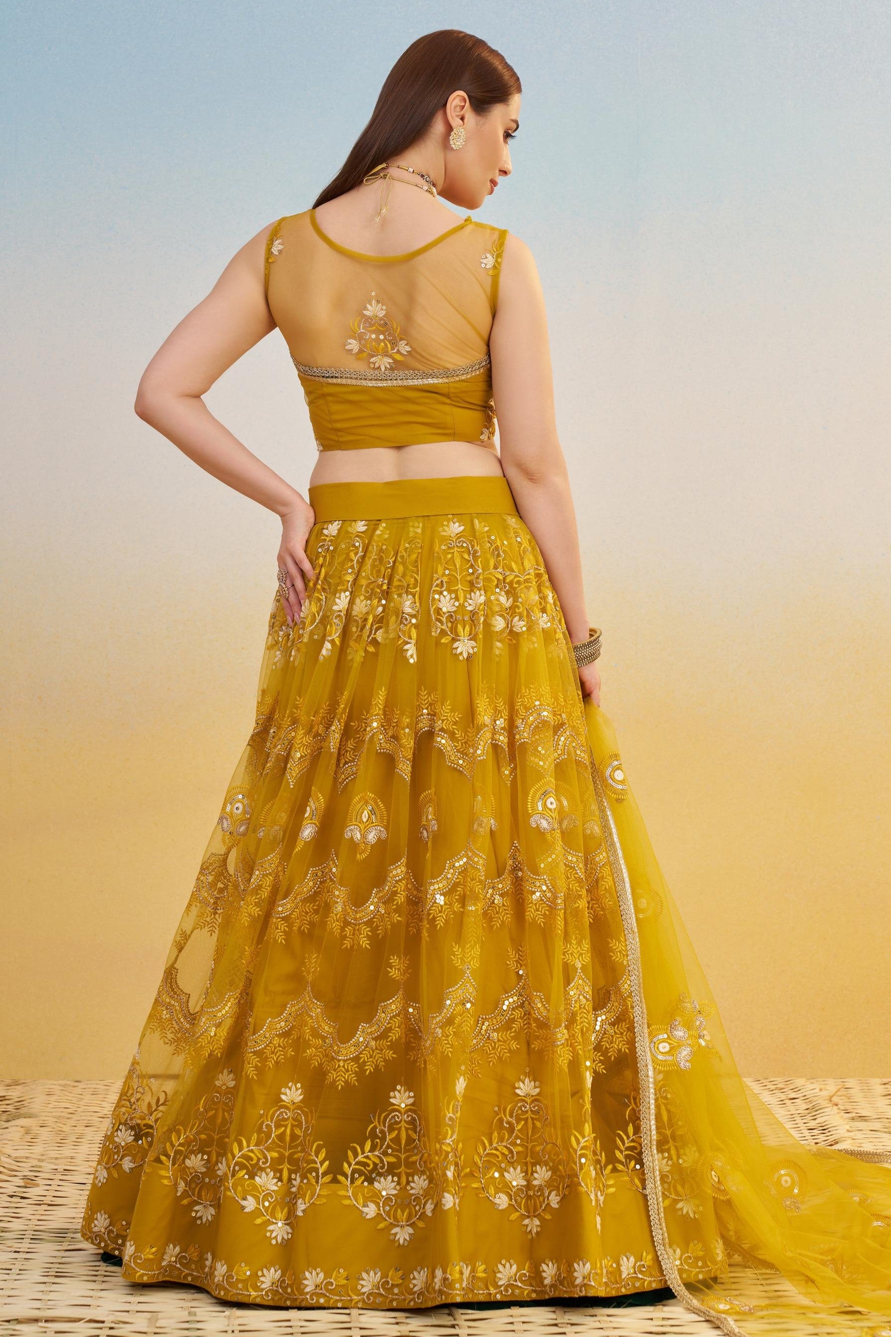 Mustard Yellow Net Lehenga Choli For Indian & Pakistani Wedding Festival - Thread & Sequins Embroidery Work