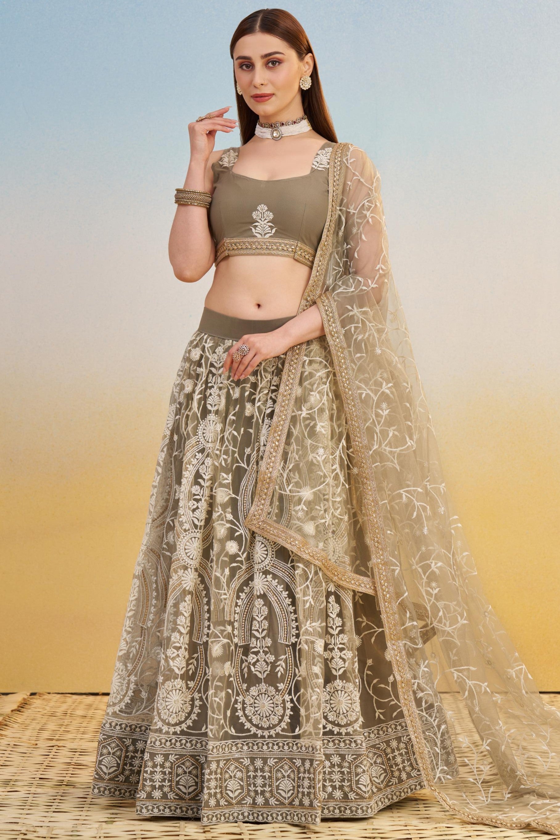 Grey Beige Net Lehenga Choli For Indian & Pakistani Wedding Festival - Thread & Sequins Embroidery Work