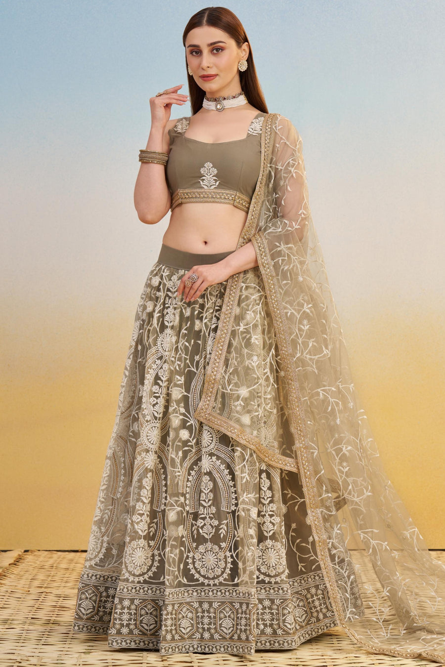 Grey Beige Net Lehenga Choli For Indian & Pakistani Wedding Festival - Thread & Sequins Embroidery Work