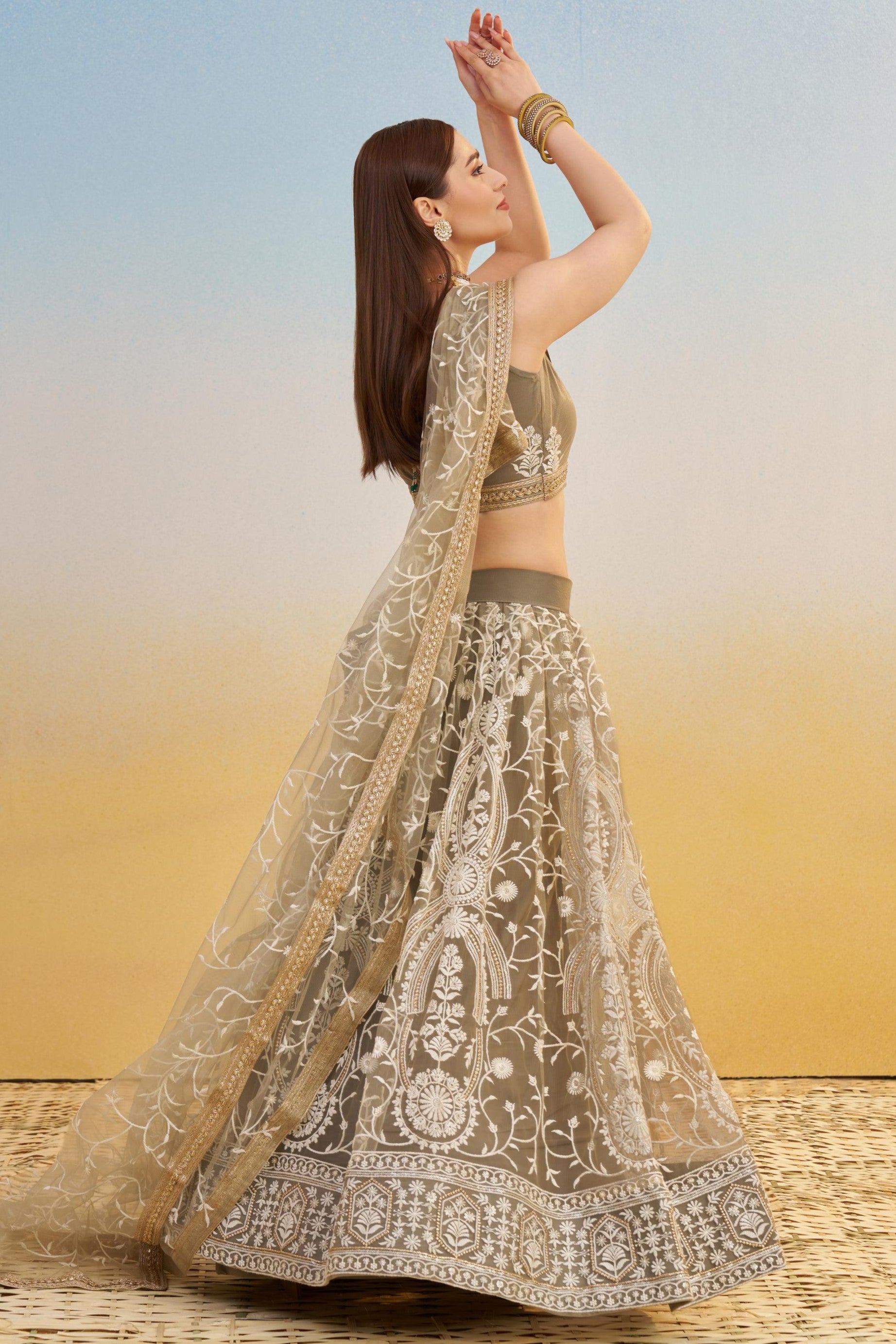 Grey Beige Net Lehenga Choli For Indian & Pakistani Wedding Festival - Thread & Sequins Embroidery Work