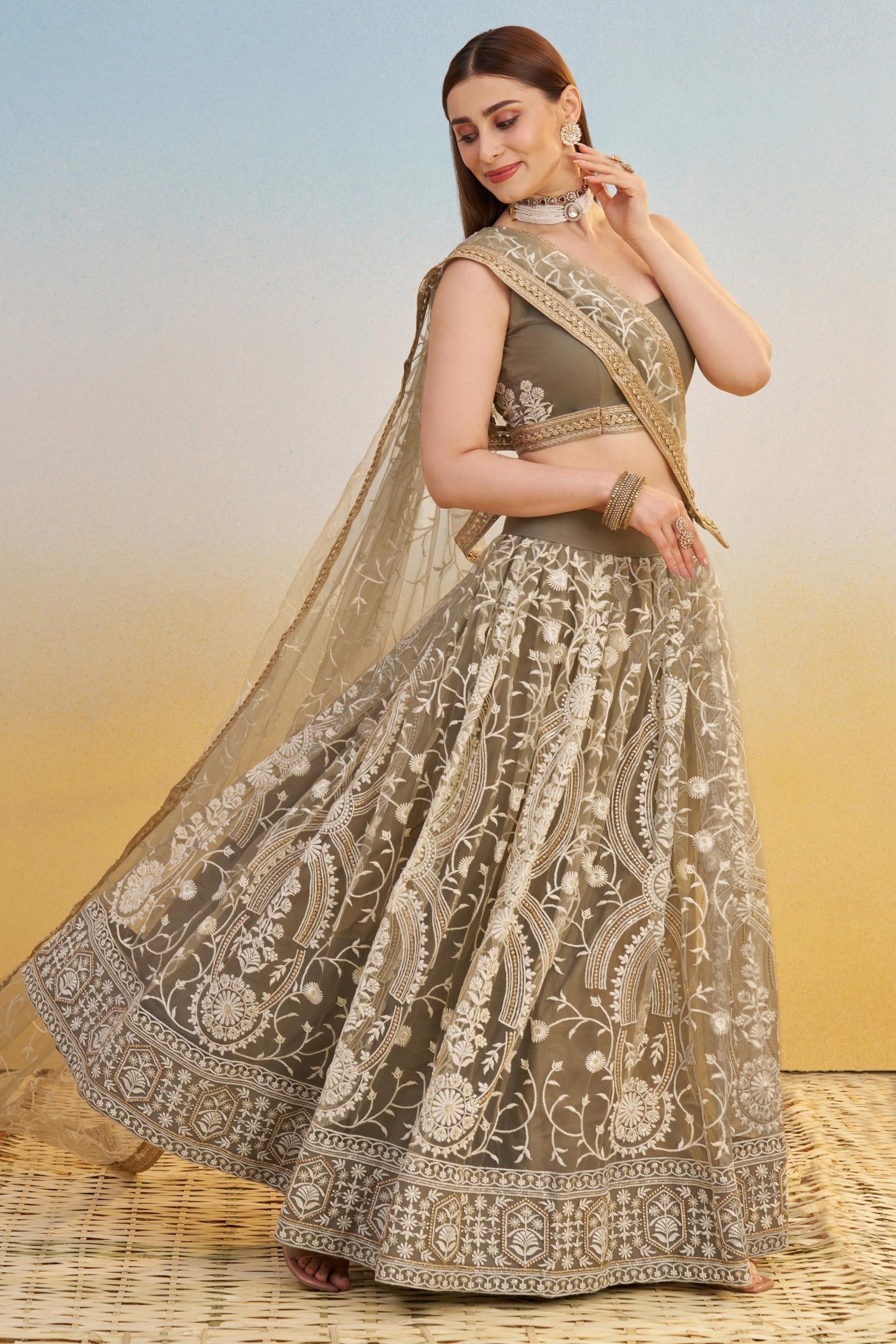 Grey Beige Net Lehenga Choli For Indian & Pakistani Wedding Festival - Thread & Sequins Embroidery Work