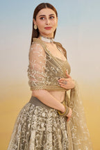 Grey Beige Net Lehenga Choli For Indian & Pakistani Wedding Festival - Thread & Sequins Embroidery Work