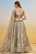 Grey Beige Net Lehenga Choli For Indian & Pakistani Wedding Festival - Thread & Sequins Embroidery Work