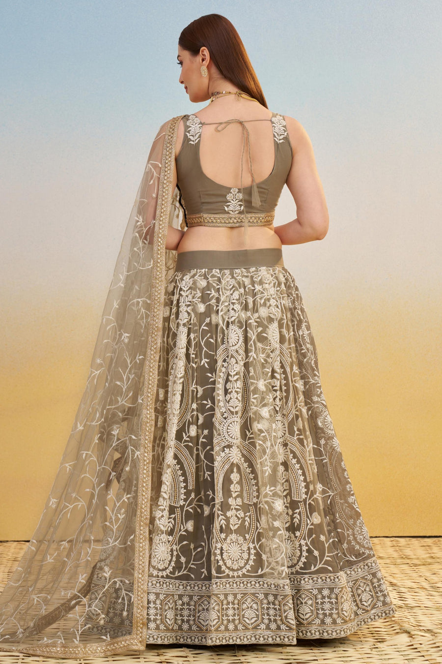 Grey Beige Net Lehenga Choli For Indian & Pakistani Wedding Festival - Thread & Sequins Embroidery Work