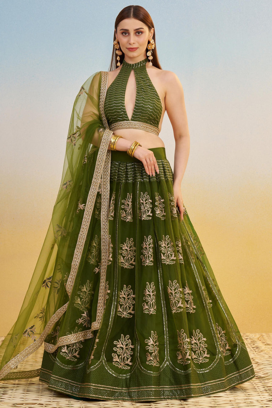 Dark Green Net Lehenga Choli For Indian & Pakistani Wedding Festival - Thread & Sequins Embroidery Work