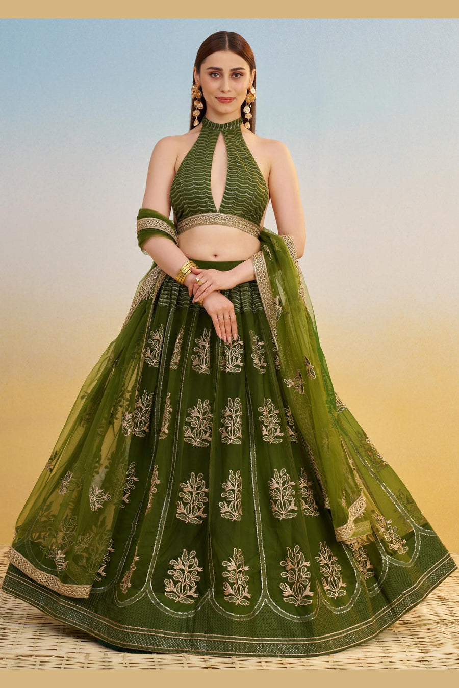 Dark Green Net Lehenga Choli For Indian & Pakistani Wedding Festival - Thread & Sequins Embroidery Work
