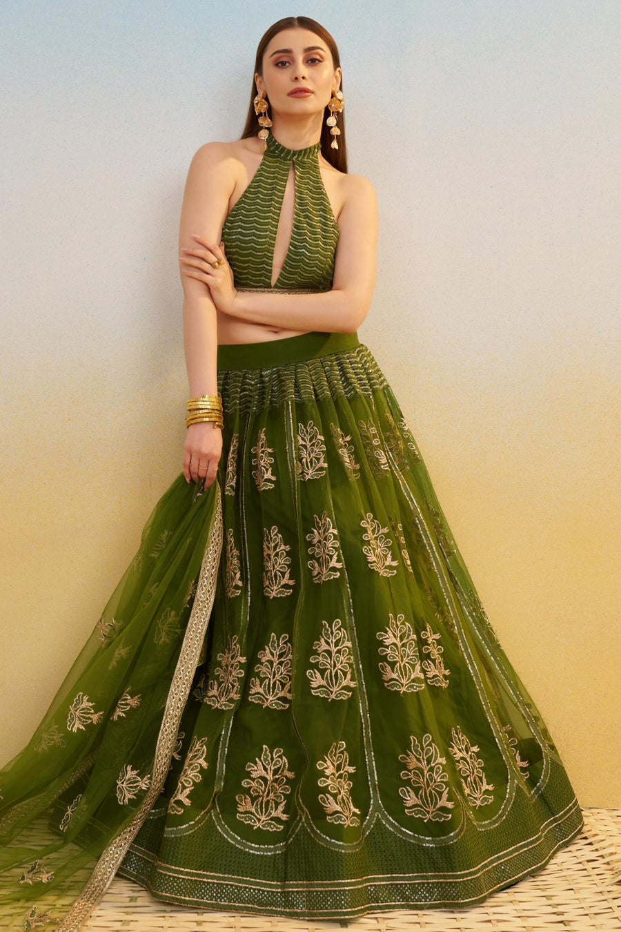 Dark Green Net Lehenga Choli For Indian & Pakistani Wedding Festival - Thread & Sequins Embroidery Work