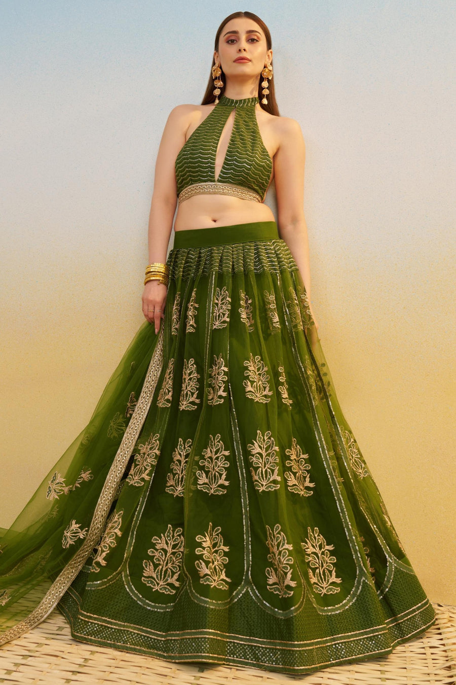 Dark Green Net Lehenga Choli For Indian & Pakistani Wedding Festival - Thread & Sequins Embroidery Work