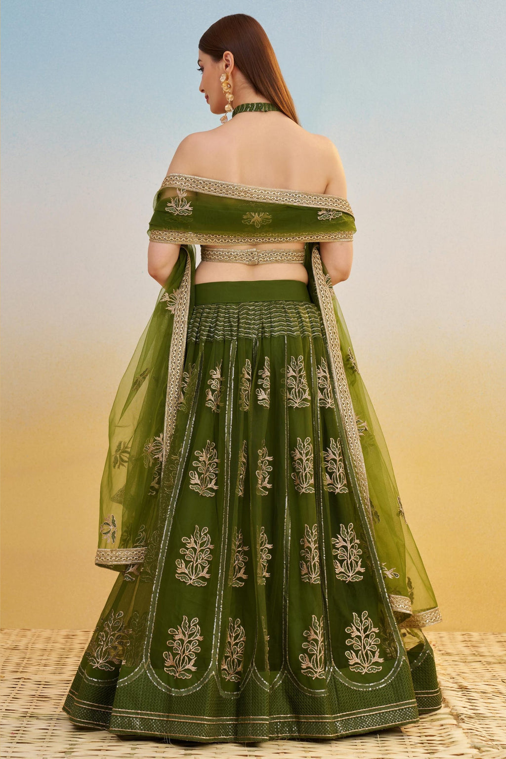 Dark Green Net Lehenga Choli For Indian & Pakistani Wedding Festival - Thread & Sequins Embroidery Work