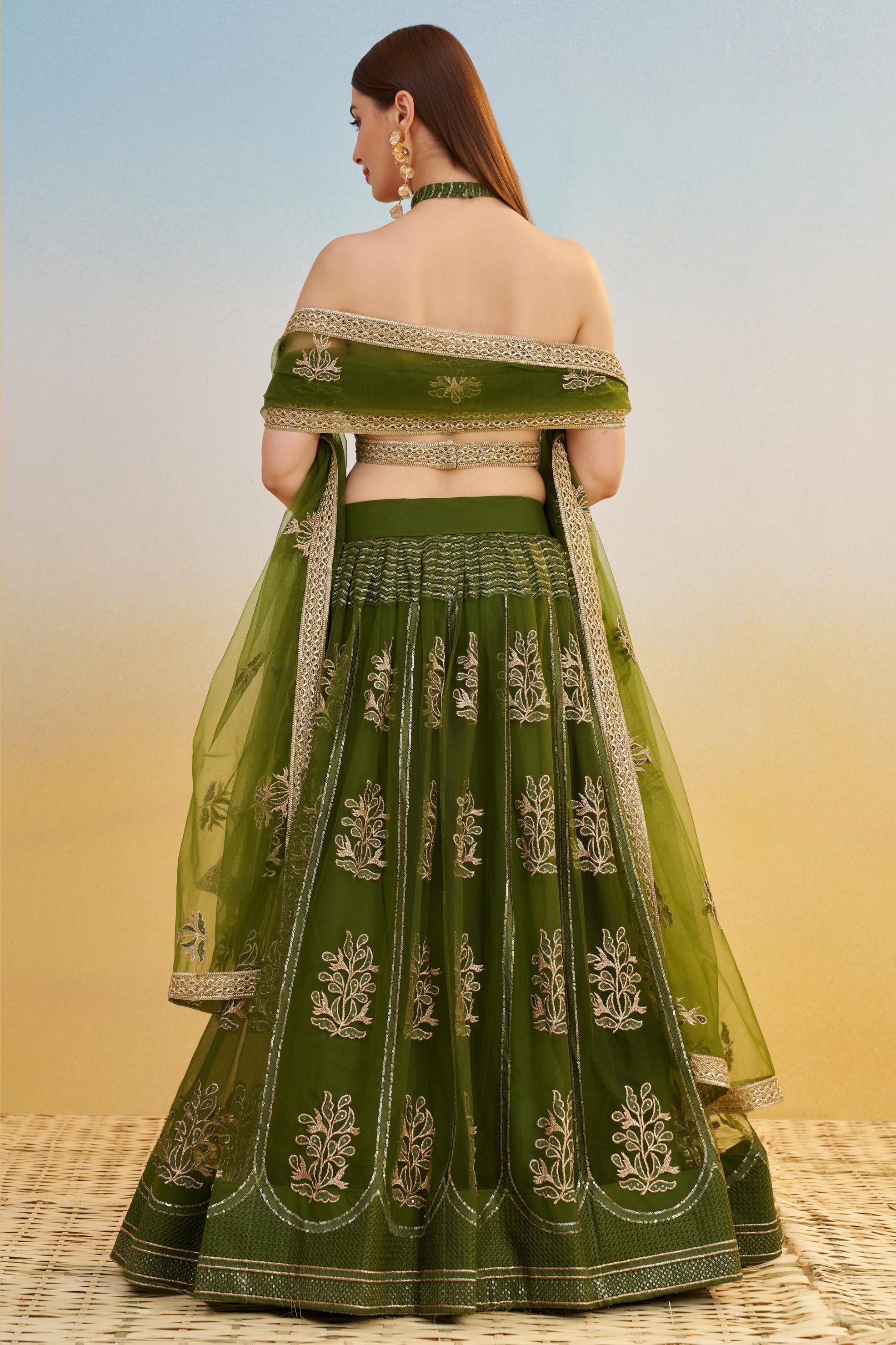 Dark Green Net Lehenga Choli For Indian & Pakistani Wedding Festival - Thread & Sequins Embroidery Work