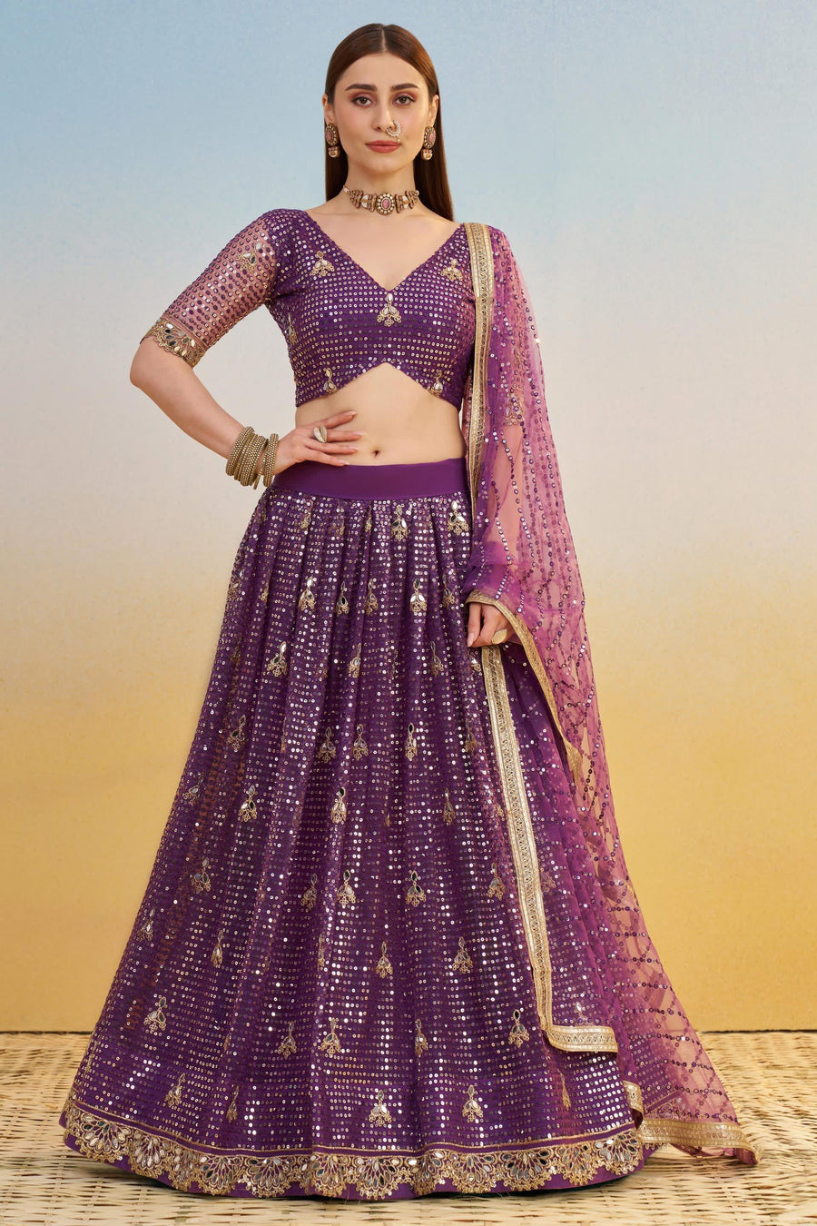 Purple Net Lehenga Choli For Indian & Pakistani Wedding Festival - Thread & Sequins Embroidery Work, Real Mirror Work