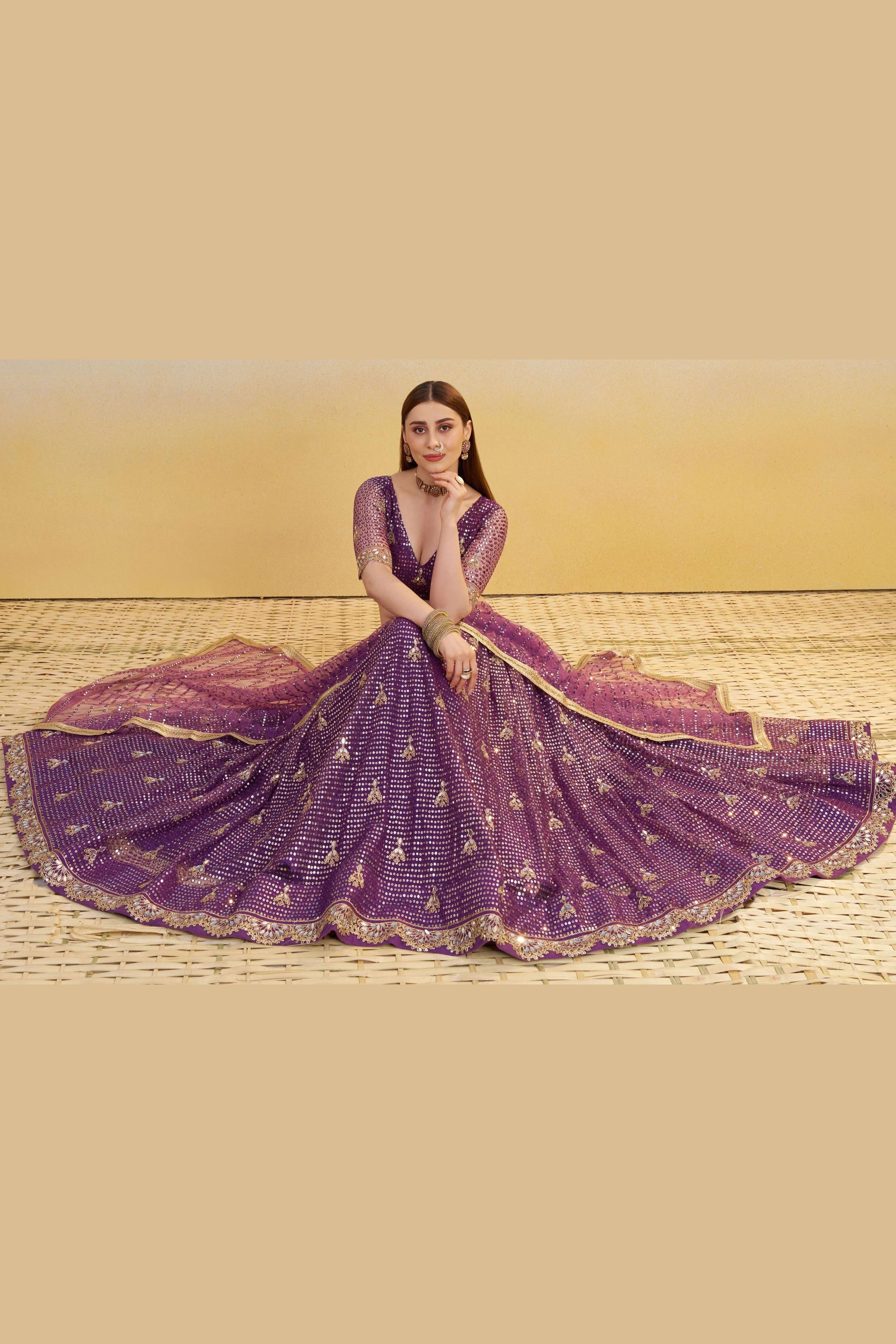 Purple Net Lehenga Choli For Indian & Pakistani Wedding Festival - Thread & Sequins Embroidery Work, Real Mirror Work