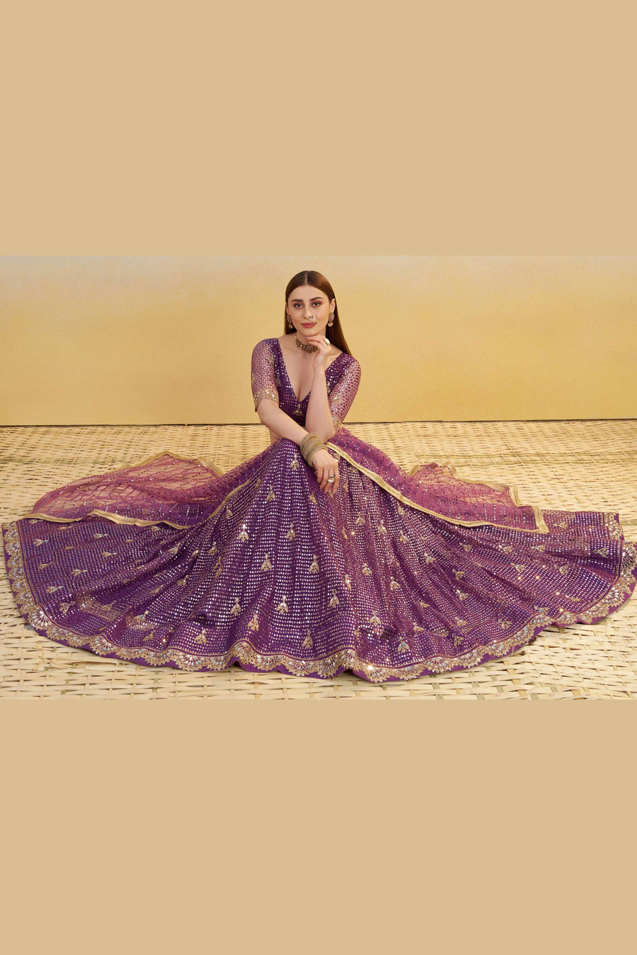 Purple Net Lehenga Choli For Indian & Pakistani Wedding Festival - Thread & Sequins Embroidery Work, Real Mirror Work