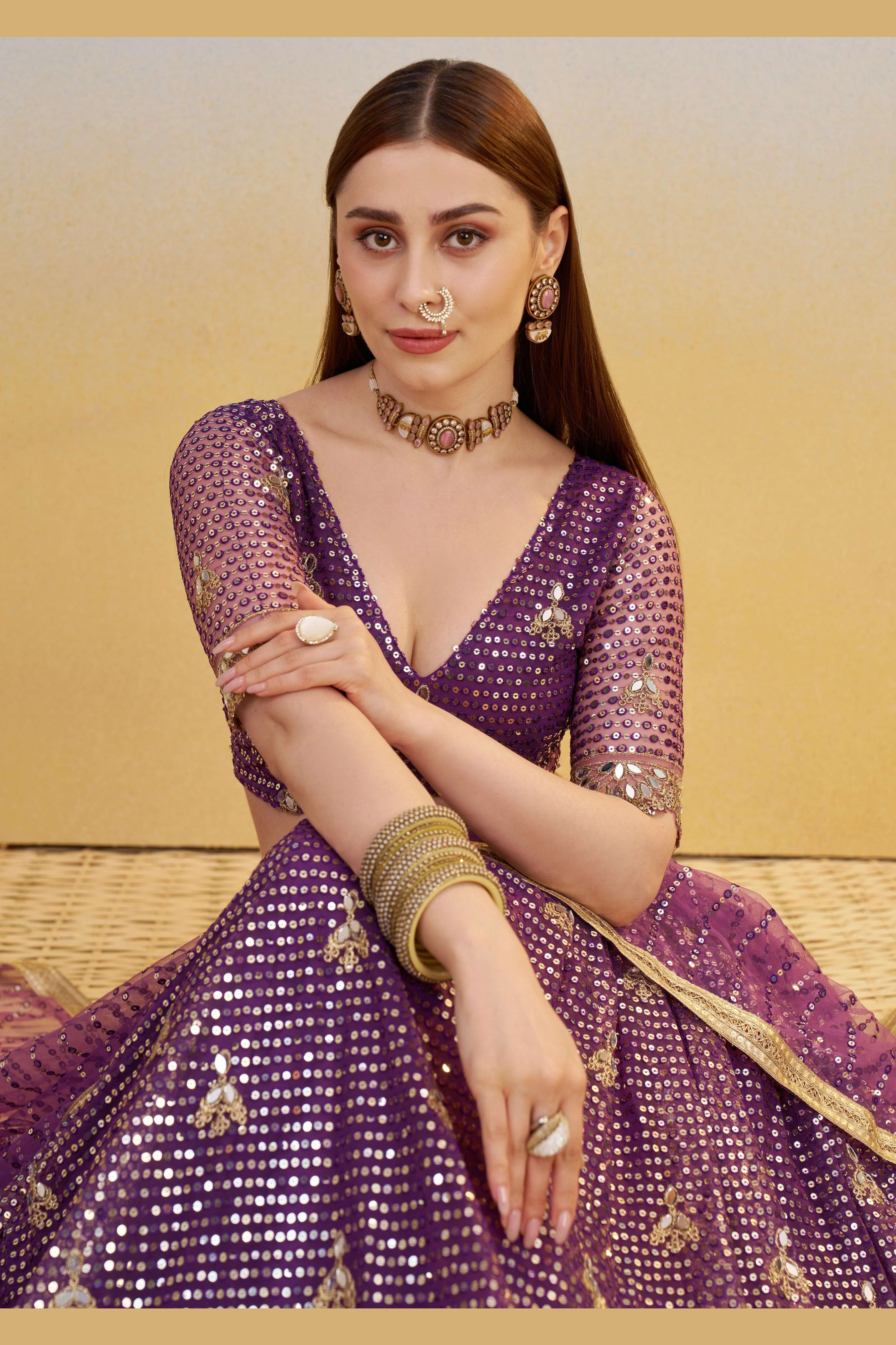 Purple Net Lehenga Choli For Indian & Pakistani Wedding Festival - Thread & Sequins Embroidery Work, Real Mirror Work