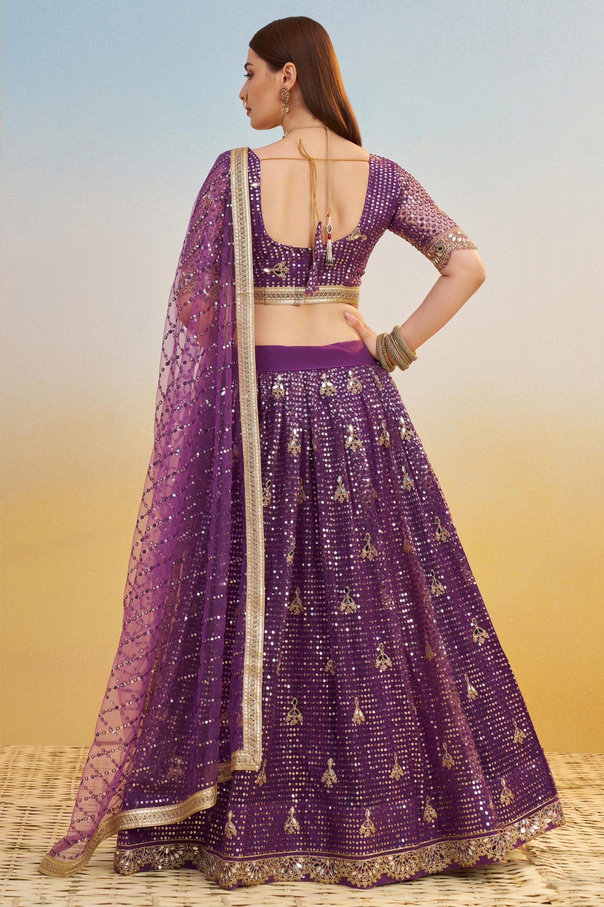 Purple Net Lehenga Choli For Indian & Pakistani Wedding Festival - Thread & Sequins Embroidery Work, Real Mirror Work