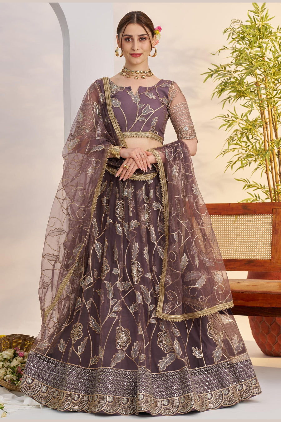 Brown Net Lehenga Choli For Indian & Pakistani Wedding Festival - Sequins & Thread Embroidery Work, Zari Work