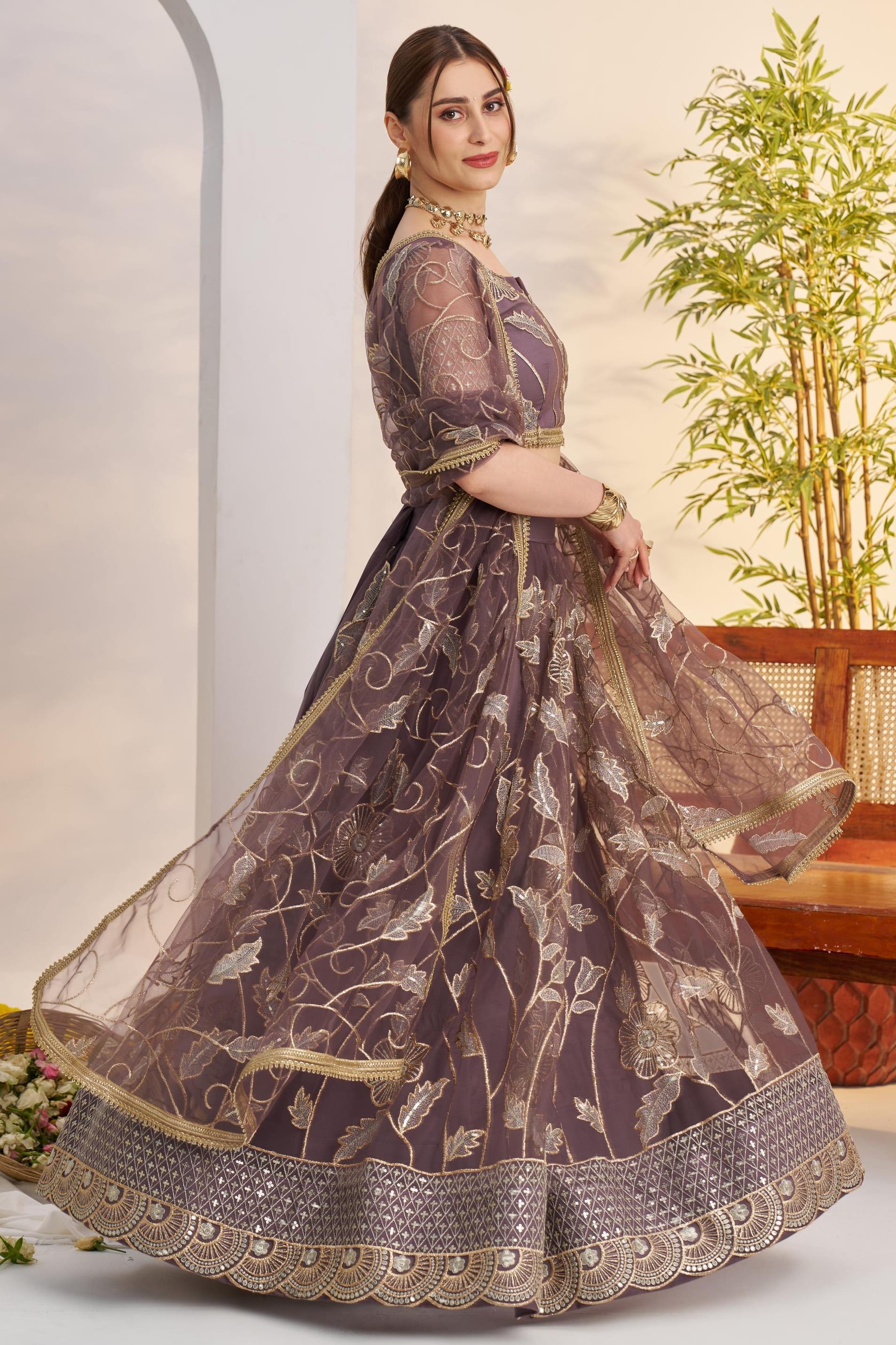 Brown Net Lehenga Choli For Indian & Pakistani Wedding Festival - Sequins & Thread Embroidery Work, Zari Work