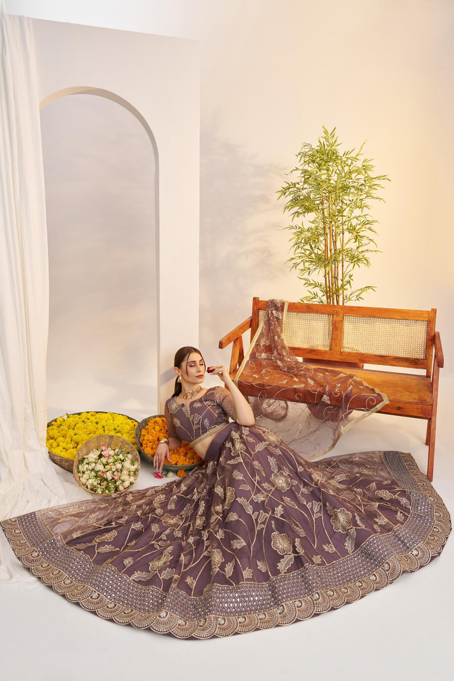 Brown Net Lehenga Choli For Indian & Pakistani Wedding Festival - Sequins & Thread Embroidery Work, Zari Work