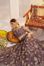 Brown Net Lehenga Choli For Indian & Pakistani Wedding Festival - Sequins & Thread Embroidery Work, Zari Work