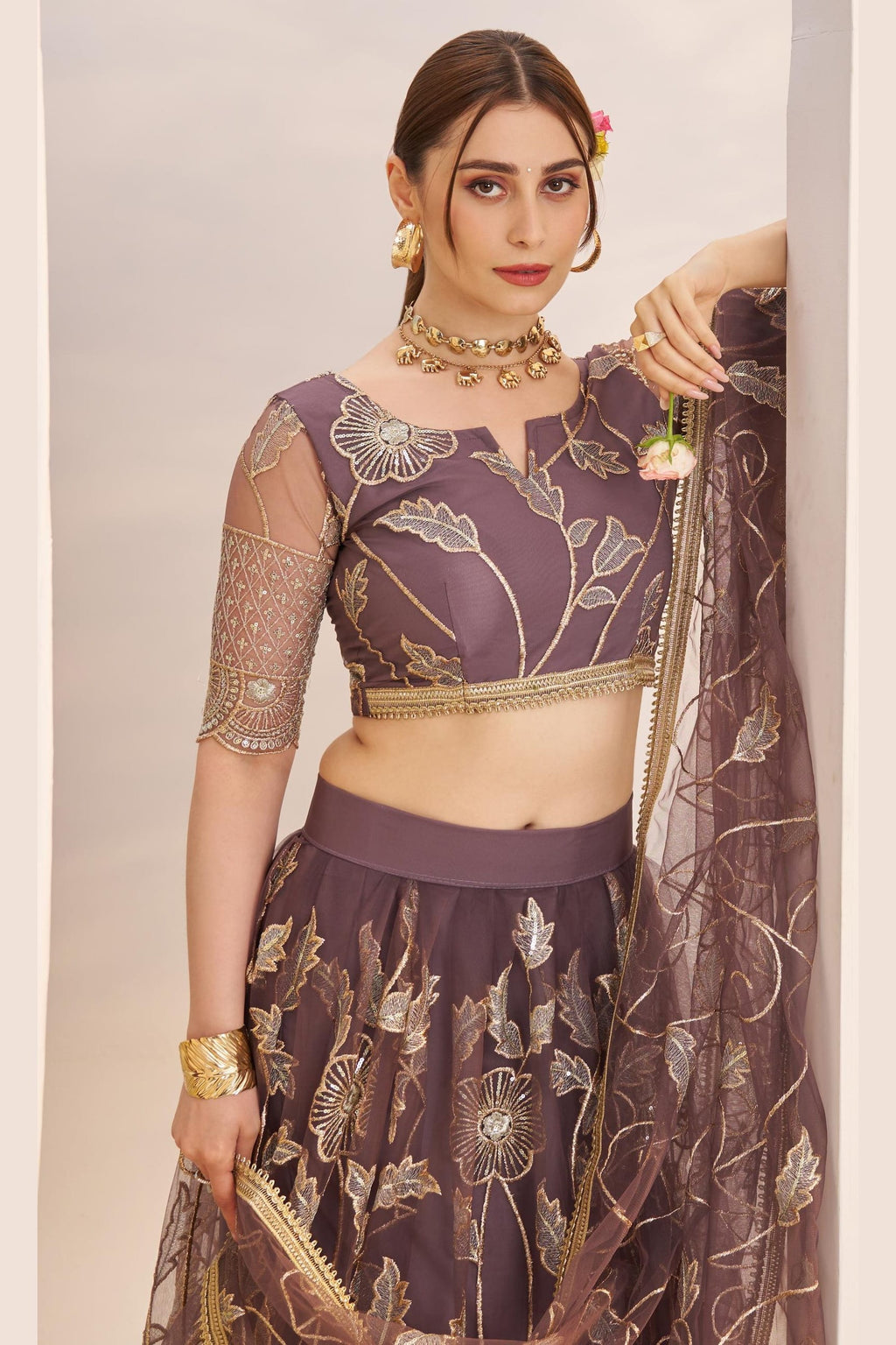 Brown Net Lehenga Choli For Indian & Pakistani Wedding Festival - Sequins & Thread Embroidery Work, Zari Work