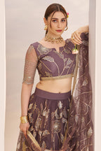 Brown Net Lehenga Choli For Indian & Pakistani Wedding Festival - Sequins & Thread Embroidery Work, Zari Work