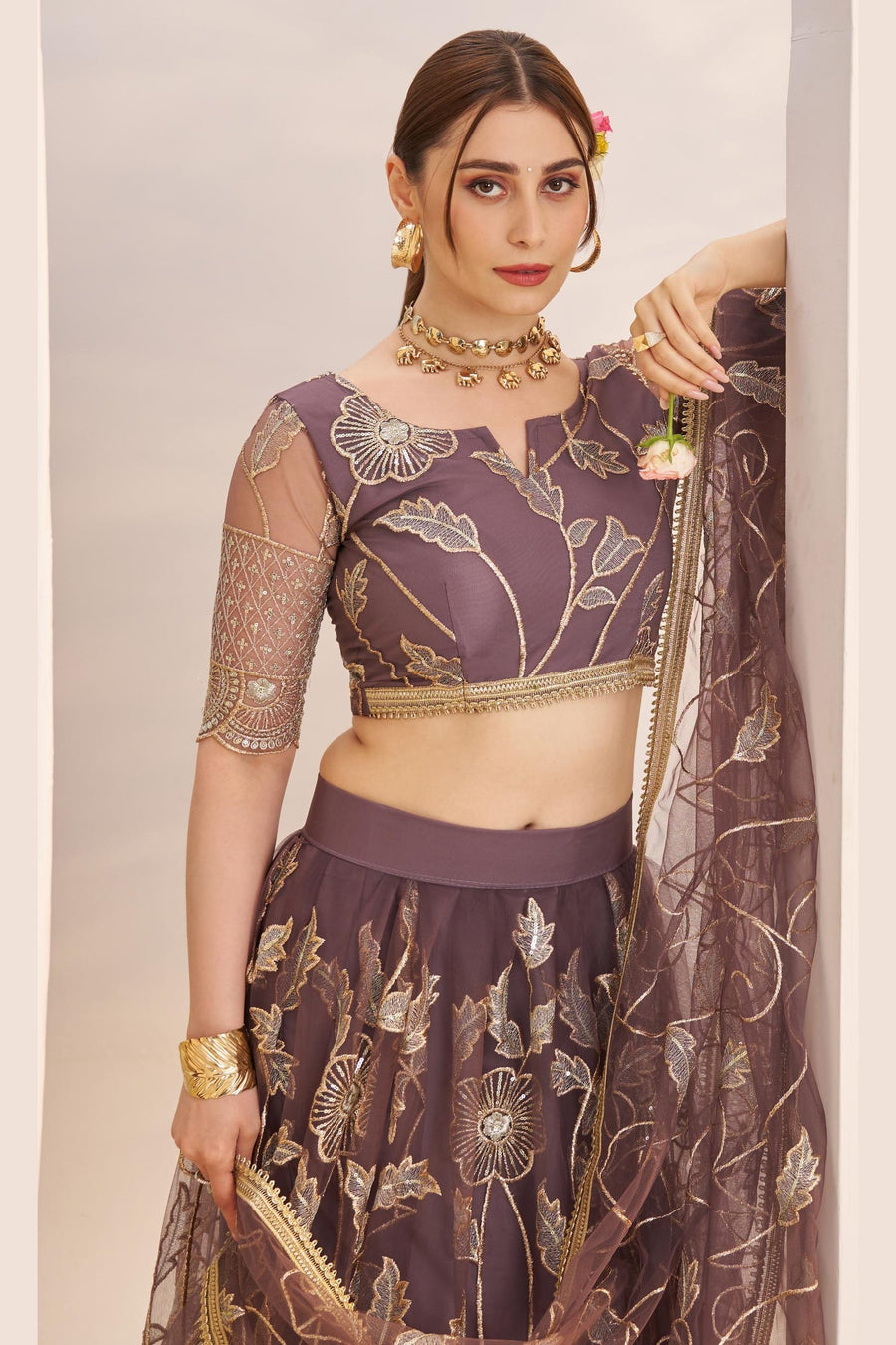 Brown Net Lehenga Choli For Indian & Pakistani Wedding Festival - Sequins & Thread Embroidery Work, Zari Work