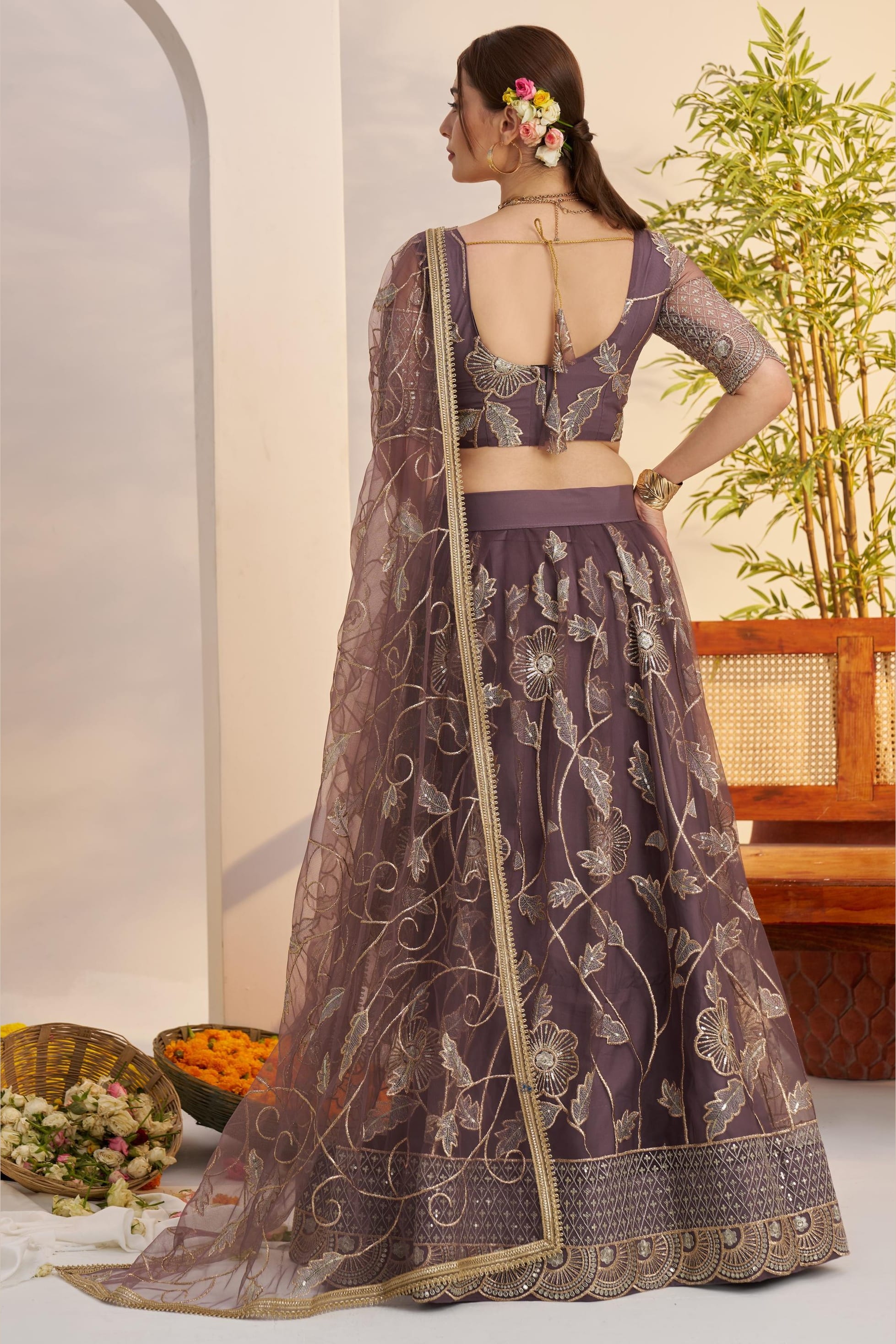 Brown Net Lehenga Choli For Indian & Pakistani Wedding Festival - Sequins & Thread Embroidery Work, Zari Work