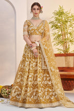 Golden Yellow Net Haldi Lehenga Choli For Indian & Pakistani Wedding Festival - Sequins & Thread Embroidery Work