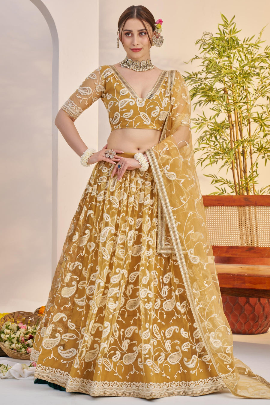 Golden Yellow Net Haldi Lehenga Choli For Indian & Pakistani Wedding Festival - Sequins & Thread Embroidery Work