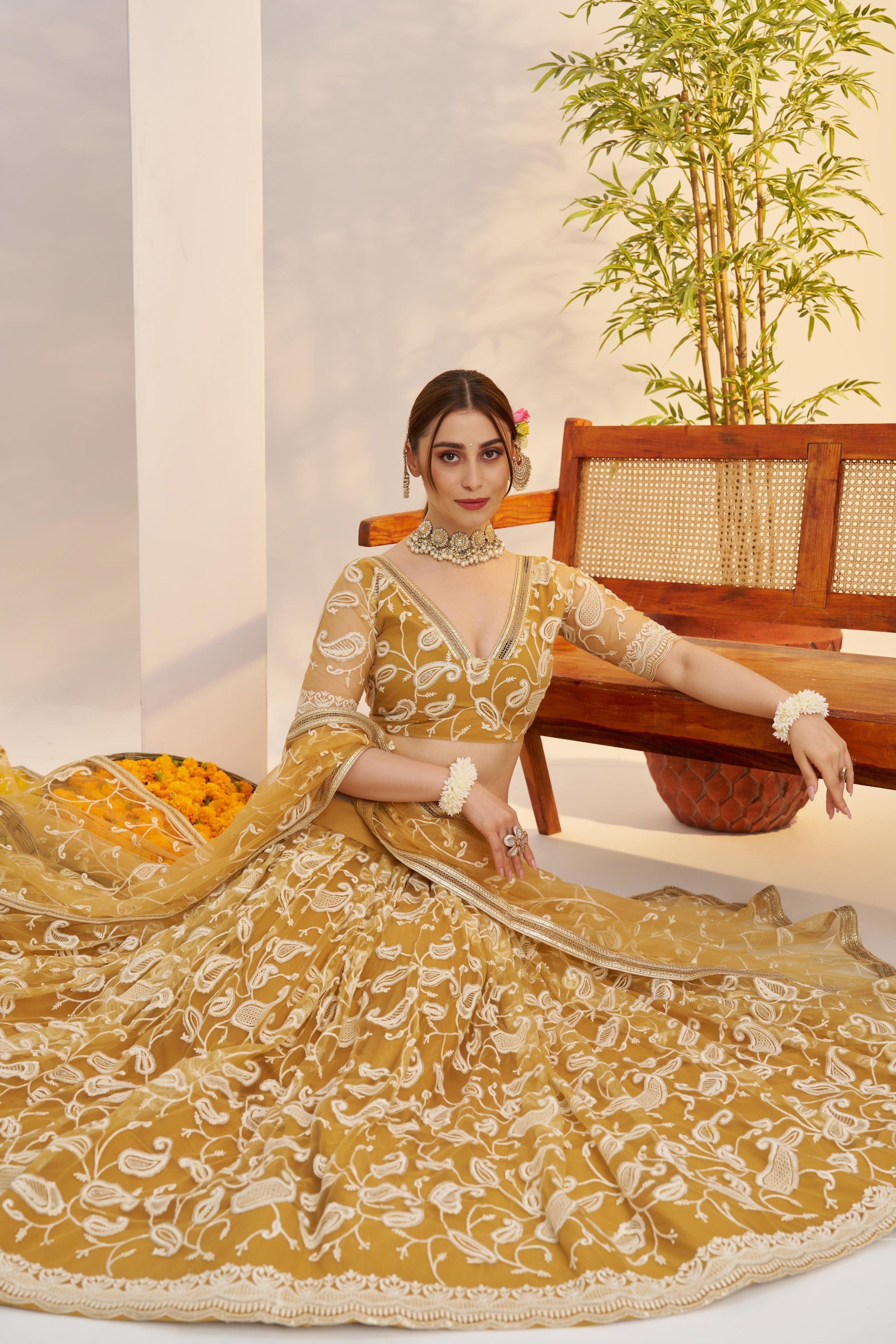 Golden Yellow Net Haldi Lehenga Choli For Indian & Pakistani Wedding Festival - Sequins & Thread Embroidery Work