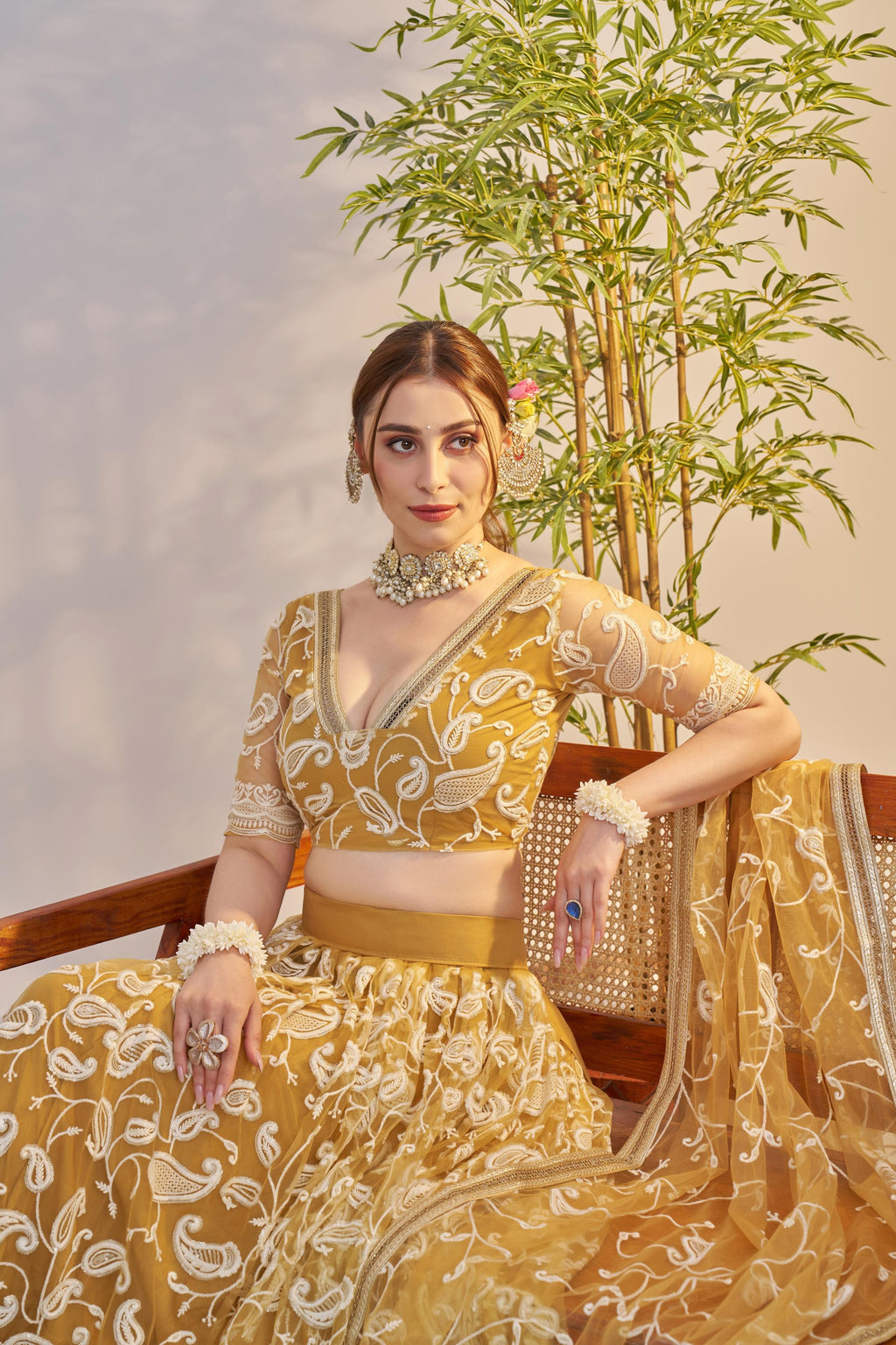 Golden Yellow Net Haldi Lehenga Choli For Indian & Pakistani Wedding Festival - Sequins & Thread Embroidery Work