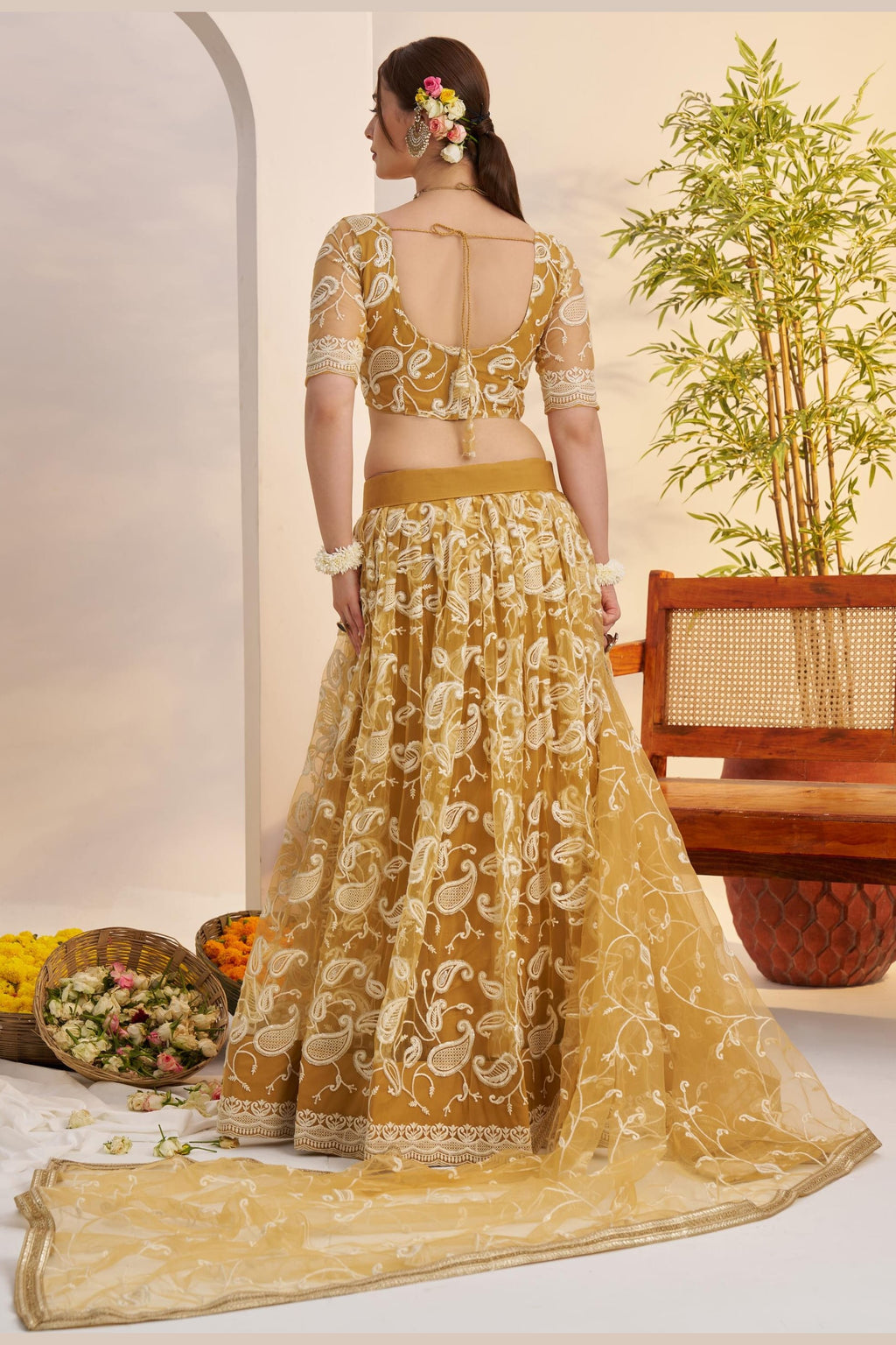Golden Yellow Net Haldi Lehenga Choli For Indian & Pakistani Wedding Festival - Sequins & Thread Embroidery Work