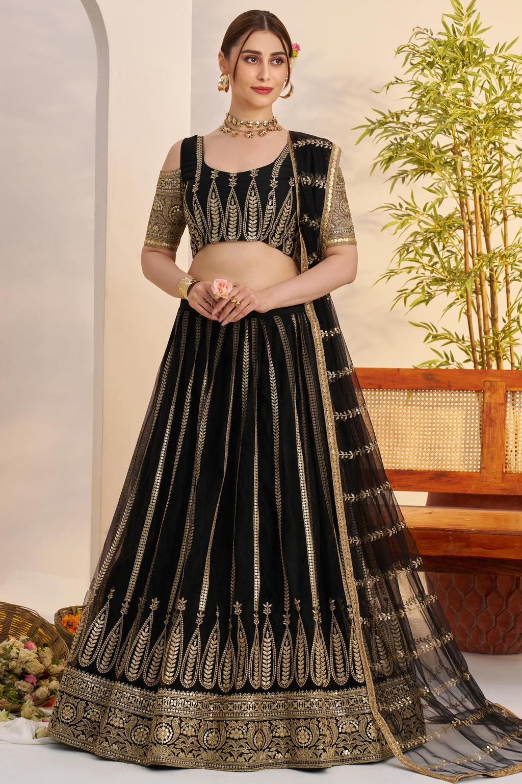 Black Net Lehenga Choli For Indian & Pakistani Wedding Festival - Sequins & Thread Embroidery Work, Zari Work