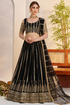 Black Net Lehenga Choli For Indian & Pakistani Wedding Festival - Sequins & Thread Embroidery Work, Zari Work