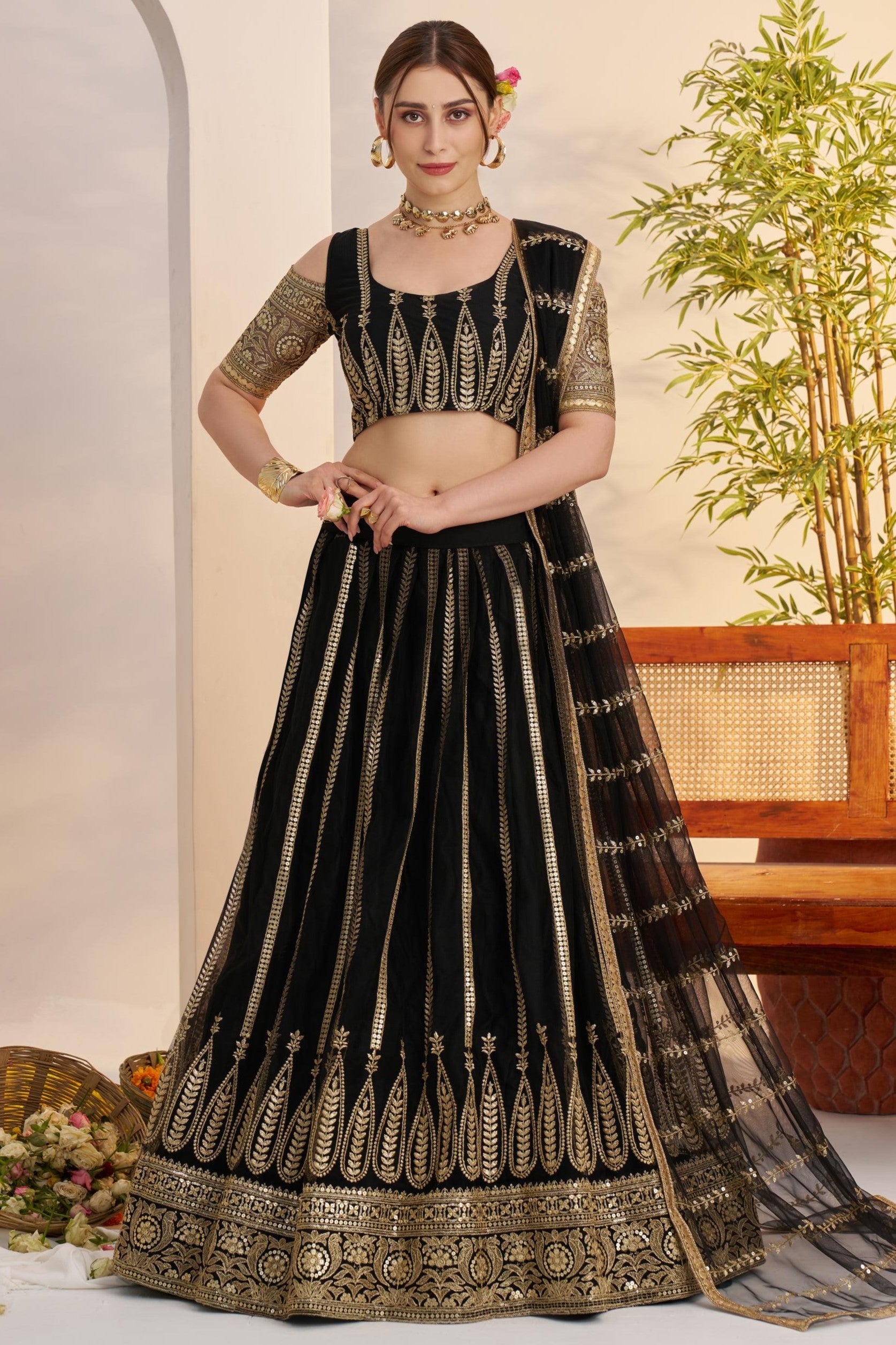 Black Net Lehenga Choli For Indian & Pakistani Wedding Festival - Sequins & Thread Embroidery Work, Zari Work