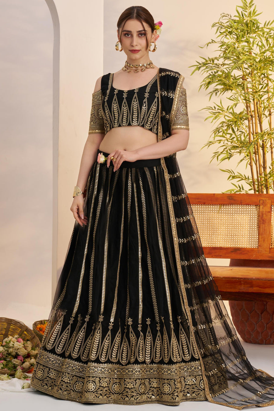 Black Net Lehenga Choli For Indian & Pakistani Wedding Festival - Sequins & Thread Embroidery Work, Zari Work