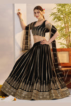 Black Net Lehenga Choli For Indian & Pakistani Wedding Festival - Sequins & Thread Embroidery Work, Zari Work
