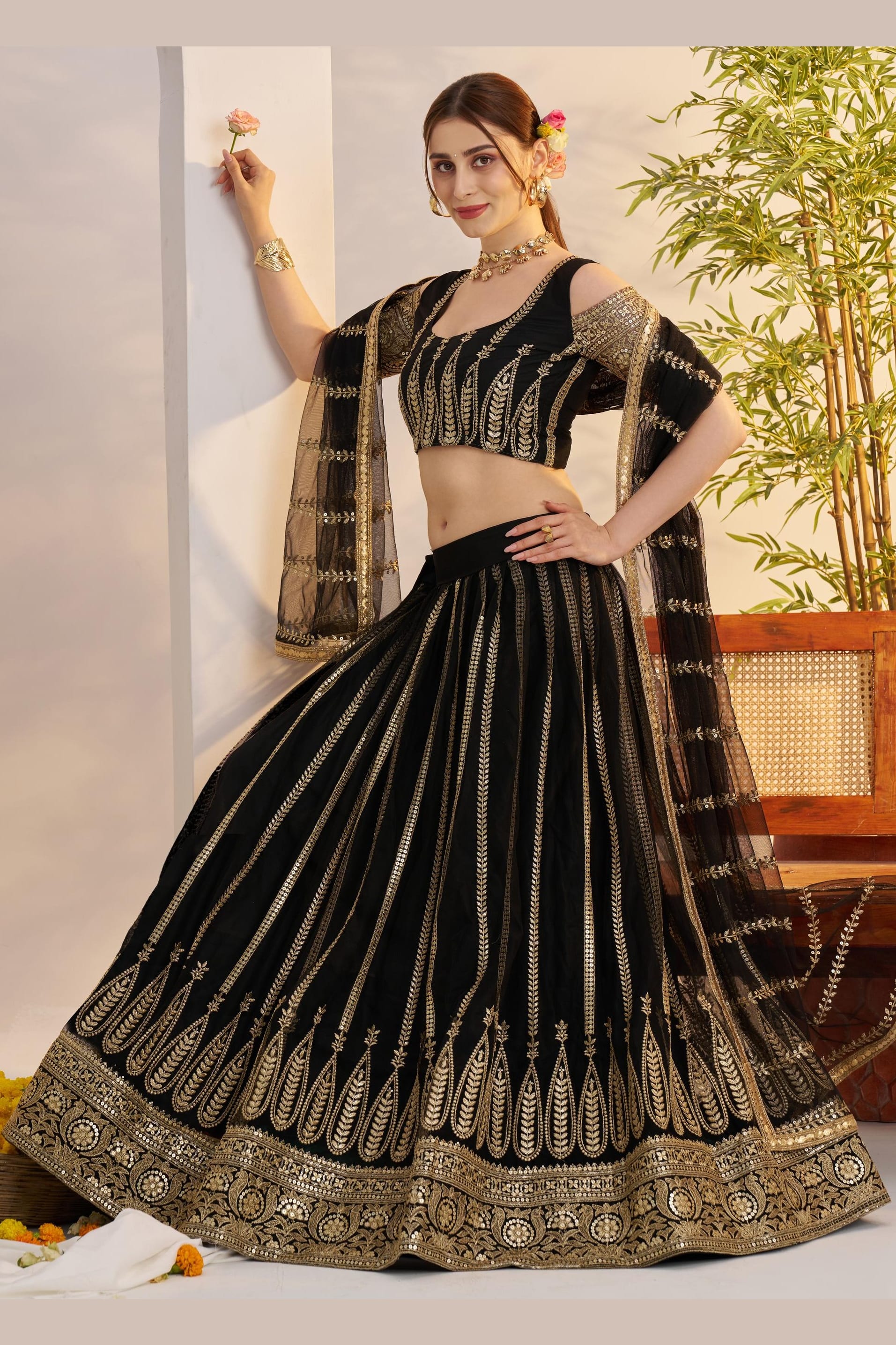 Black Net Lehenga Choli For Indian & Pakistani Wedding Festival - Sequins & Thread Embroidery Work, Zari Work