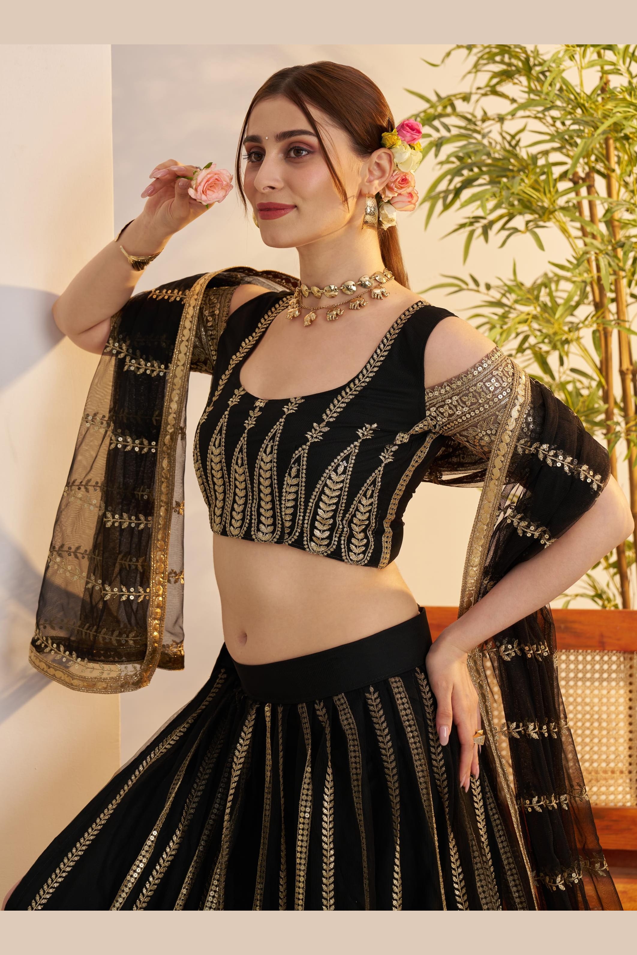 Black Net Lehenga Choli For Indian & Pakistani Wedding Festival - Sequins & Thread Embroidery Work, Zari Work